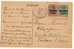 BELGIQUE ENTIER CARTE AVEC COMPLEMENT OBLITERE BRAINE LE COMTE 1915 POUR FONTAINE LEVEQUE CENSURE - Ocupación Alemana