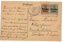 BELGIQUE ENTIER CARTE AVEC COMPLEMENT OBLITERE BRAINE LE COMTE 1915 POUR FONTAINE LEVEQUE CENSURE - Duitse Bezetting
