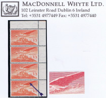 Ireland 1948-65 Airmail 1/3 Angel Victor Variety "Extra Feather" R4/6 In A Corner Strip Of 4 Mint Unmounted, Cert - Posta Aerea