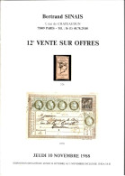 VENTES SINAIS 1988 1 Catalogue De Vente 12e Du 10/11/1988 - Auktionskataloge