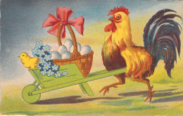 Pâques - Illustration Coq Porte Une Brouette Pleine D'oeuf Et Un Poussin - Cartes Postales Anciennes - Ostern