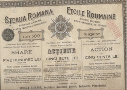 ETOILE ROUMAINE SOCIETE POUR L'INDUSTRIE DU PETROLE - LOT DE 4 ACTIONS DE 500 LEI -1923 - Erdöl