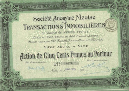 SOCIETE ANONYME NICOISE DE TRANSACTIONS IMMOBILIERES -DIVISE EN 1000 ACTIONS DE 500 FRS - ANNEE 1929 - Other & Unclassified