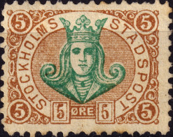 SUÈDE / SWEDEN - Local Post STOCKHOLM 5øre Green & Yell.-brown (1887 Danish Spelling) - No Gum - Local Post Stamps