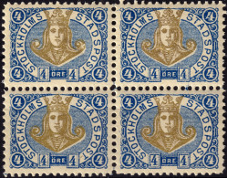 SUÈDE / SWEDEN - Local Post STOCKHOLM Block Of 4x4öre Gold & Blue (1887) - Mint NH** - Emisiones Locales