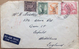 AUSTRALIA 1946, COVER USED TO ENGLAND,KING GEORGE,KANGAROO ANIMAL,PEACE,LYRE BIRD 4 STAMPS,LEURA TOWN CANCEL. - Covers & Documents