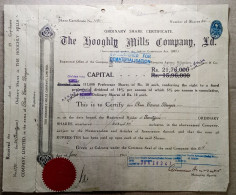 BRITISH INDIA 1941 THE HOOGHLY MILLS COMPANY LIMITED, TEXTILE....SHARE CERTIFICATE WITH RECIVING PART ATTACHED, REPAIRED - Industrie