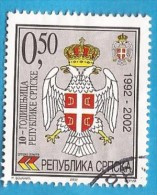 2002x  230-31  BOSNIA REPUBLIKA SRPSKA 10 YEARS STEMMA BANDIERA  EMBLEM. FLAG  USED - Timbres