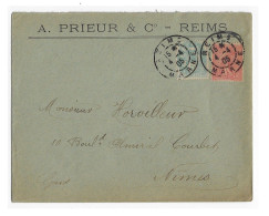 REIMS Marne Lettre Entête A PRIEUR Et Cie 5c Blanc 10c Semeuse Lignée Ob 1905 Daguin JUMELEE Yv 111 129 - Mechanical Postmarks (Other)