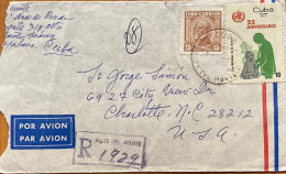 CUBA 1976 COVER USED TO USA,REGISTER DEL JEIUE MONTE MEDICA EXAMINATION & CANCEL CARLOS J. FINLA 2 STAMPS CHARLOTE CITY - Brieven En Documenten