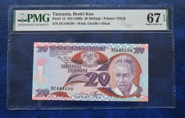 Banknotes Tanzania 20 Shilingi With Islands 1993  PMG "Superb Gem Unc 67 EPQ"	P# 12 - Tansania