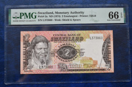 Banknotes  Eswatini 2 Emalangeni 1974 PMG "Gem Uncirculated 66 EPQ". (Pick 2a) & (Spink MAS B2a). - Swasiland