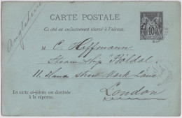 FRANCE - 1889 - CPRP 10c Sage  Carte Aller Seule Adressée De MARSEILLE à LONDRES (sans La Carte Réponse) - Standaardpostkaarten En TSC (Voor 1995)