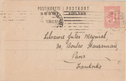 1919 - FINLANDE - CARTE ENTIER POSTAL De HELSINKI => PARIS - Enteros Postales