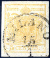 O 1850, 5 Cent. Giallo Arancio Chiaro, Usato, Splendido, Firmato Colla, Sass. 1f / 250,- - Lombardo-Vénétie