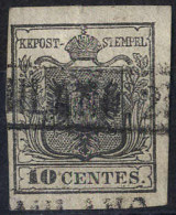 O 1850, 10 Cent. Nero, "decalco", Usato, Cert. Steiner (Sass. 2f) - Lombardy-Venetia