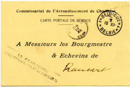 BELGIQUE - SIMPLE CERCLE BILINGUE 4 * BELGIQUE * 4 SUR CARTE EN FRANCHISE DE CHARLEROI, 1919 - Storia Postale