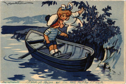 PC ARTIST SIGNED, CASTELLI, COUPLE IN A BOAT, Vintage Postcard (b46339) - Castelli