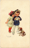 PC ARTIST SIGNED, CASTELLI, BOY & GIRL WITH DOG, Vintage Postcard (b46373) - Castelli