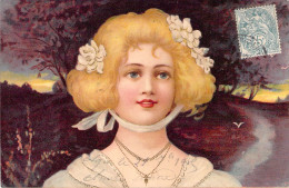 Illustration Non Signée - Femme Blonde Aux Yeux Bleus - Fleurs Dans Les Cheveux - KF Editeurs - Carte Postale Ancienne - Non Classificati