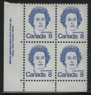 Canada 1973 MNH Sc 593 8c QEII Caricature Plate 1 LL Block - Plate Number & Inscriptions