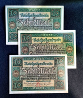 TRIO (3) BILLETES ALEMANIA 10 MARCOS. BERLIN 1920 SERIES X-Y-Z // Reichbanknote EBC /  Deutschland / Germany - 10 Mark