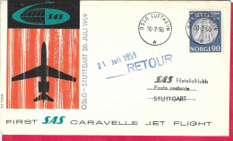 NORGE - FIRST SAS CARAVELLE FLIGHT - FROM OSLO TO STUTTGART *20.7.59* ON OFFICIAL COVER - Covers & Documents