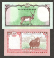 Set Nepal 5 And 10 Rupees Yak And Deer 2017-2020 UNC Taken From Bundle - Népal