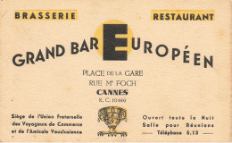 Cannes * Brasserie Restaurant Grand Bar Européen Place De La Gare Rue Mt Foch * Carte De Visite Ancienne - Cannes