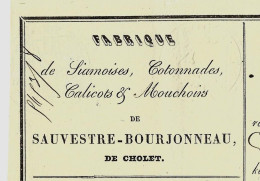 1850 FABRIQUE  SIAMOISES COTONNADES MOUCHOIRS Sauvestre Bourjonneau Cholet ROULAGE LETTRE DE VOITURE TRANSPORT >Montlieu - 1800 – 1899