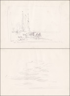 (Fischerboote Und Fischer Am Strand / Fishermen On The Beach) - Zeichnung Dessin Drawing - Prints & Engravings
