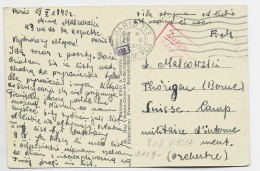 FRANCE CARTE EN FM DE PARIS 19.X.1940 ADRESSEE SUISSE CAMP MILITAIRE INTERNEMENT THORIGEN BERNE SUISSE + FELPOST CENSURE - Postmarks