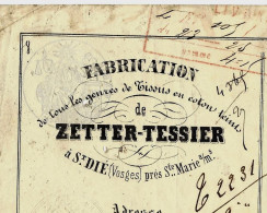 1853 TRANSPORT ROULAGE LETTRE DE VOITURE Fabrication De Tissus ZETTER TESSIER St Dié Vosges Pour Revrs Montlieu Charente - 1800 – 1899