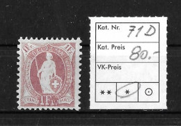 1894 - 1900 STEHENDE HELVETIA  Weisses Papier Kontrollzeichen Form B    ►SBK-71D*◄ - Ungebraucht
