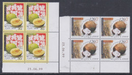 Polynésie N° 588 / 89 XX  Fruits Du Fenua, 2 Vals En Bloc De 4 Coin Daté Du 23 . 06 . 99 ; Sans  Ch., TB - Neufs