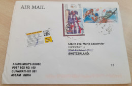 INDIA,2011,RETURN TO SENDER LABEL,AIR MAIL COVER TO SWITZERLAND,3 STAMPS-OLYMPIAD, POSTAL HERITAGE, GUWAHATI - Covers & Documents