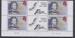 Polynésie N° 603 XX 150è Anniv. Mort De F. Chopin, En Bloc De 4 Coin Daté Du 21 . 06 . 99 ; Sans  Ch., TB - Neufs