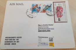 INDIA,2011,RETURN TO SENDER LABEL,AIR MAIL COVER TO SWITZERLAND,3 STAMPS-OLYMPIAD, POSTAL HERITAGE, GUWAHATI - Lettres & Documents