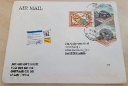INDIA,2011,RETURN TO SENDER LABEL,AIR MAIL COVER TO SWITZERLAND,3 STAMPS,TORTOISE,ASTROLOGICAL SIGNS, GUWAHATI - Luchtpost
