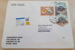 INDIA,2011,RETURN TO SENDER LABEL,AIR MAIL COVER TO SWITZERLAND,3 STAMPS,TORTOISE,ASTROLOGICAL SIGNS, GUWAHATI - Luftpost