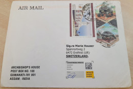 INDIA,2011,RETURN TO SENDER LABEL,AIR MAIL COVER TO SWITZERLAND,3 STAMPS,TORTOISE,POSTAL HERITAGE, GUWAHATI - Airmail