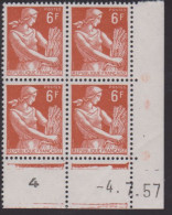 FRANCE N° 1115** MOISSONNEUSE COIN DATE 4/7/57 - 1950-1959