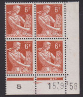 FRANCE N° 1115** MOISSONNEUSE COIN DATE 15/9/58 - 1950-1959