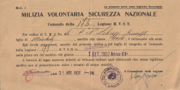 BIGLIETTO FERROVIARIO - MILIZIA VOLONTARIA SICUREZZA NAZIONALE - Comando 178esima Legione  1937 - Europa