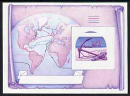 S. Vincent Bequia 1988, Explorers, Maps, Anchor, Imperf Progressive Proof In Magenta & Blue - Explorateurs