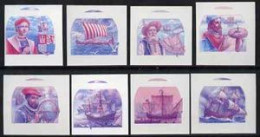 S. Vincent Bequia 1988, Explorers, Columbus, Magellan, Viking, Caboto, 8 Mint Imperf Progressive Proofs In Magenta & Blu - Explorateurs