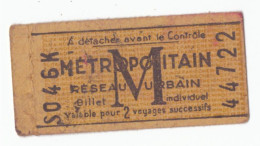 TICKET DE METRO- METROPOLITAIN RESEAU URBAIN  SO46K   44722   8 PI MADELEINE    MP - Europe