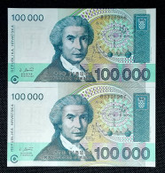 PAREJA CORRELATIVA CROACIA 100000 DINARA 1993 SC / UNC P-27a "Solapamiento Entre Billetes" - Croatie