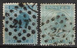 BELGIQUE Obl. PC Ca.1865-66:  Le Y&T 18,18a, TB Obl. PC 217, 2 Nuances De Bleu - 1865-1866 Profile Left