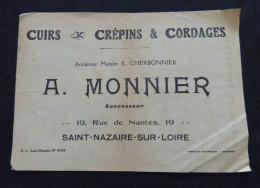 SAINT-NAZAIRE- SUR-  LOIRE   - PETITE AFFICHE PUBLICITAIRE  A. MONNIER  CUIRS -  CREPINS &  CORDAGES - Publicités